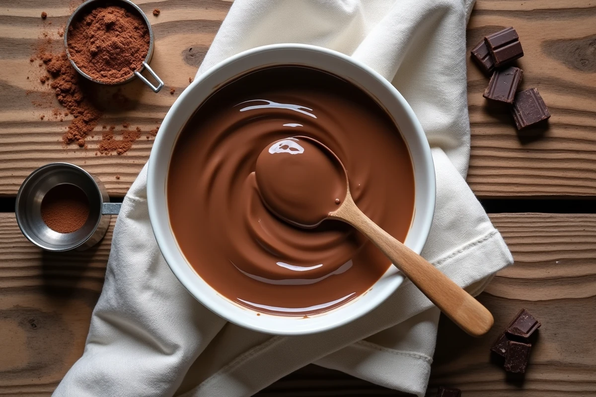 Vue aérienne d'un bol de crème pâtissière au chocolat lisse, entouré de morceaux de chocolat noir et de cacao en poudre sur une table en bois