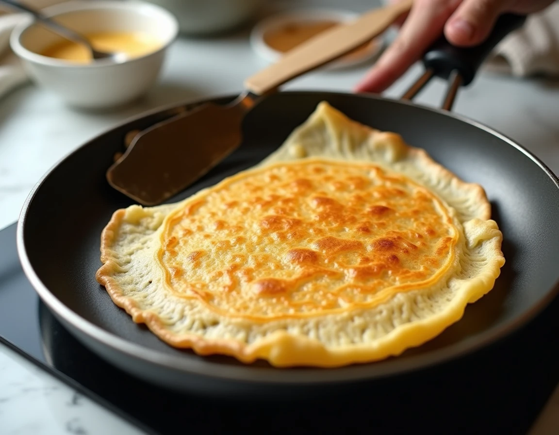 Crêpe fine et dorée en train d'être retournée avec une spatule dans une poêle antiadhésive