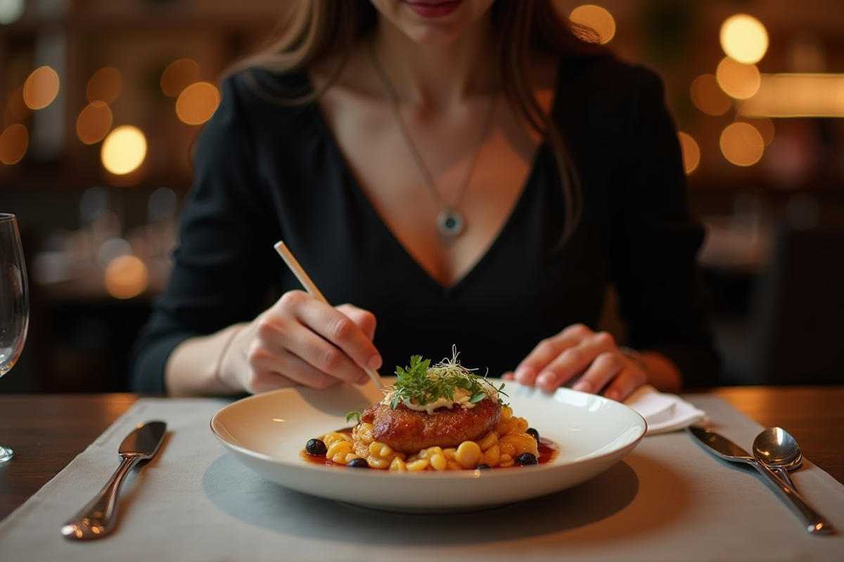 Critique gastronomique dégustant un plat élégant dans un restaurant