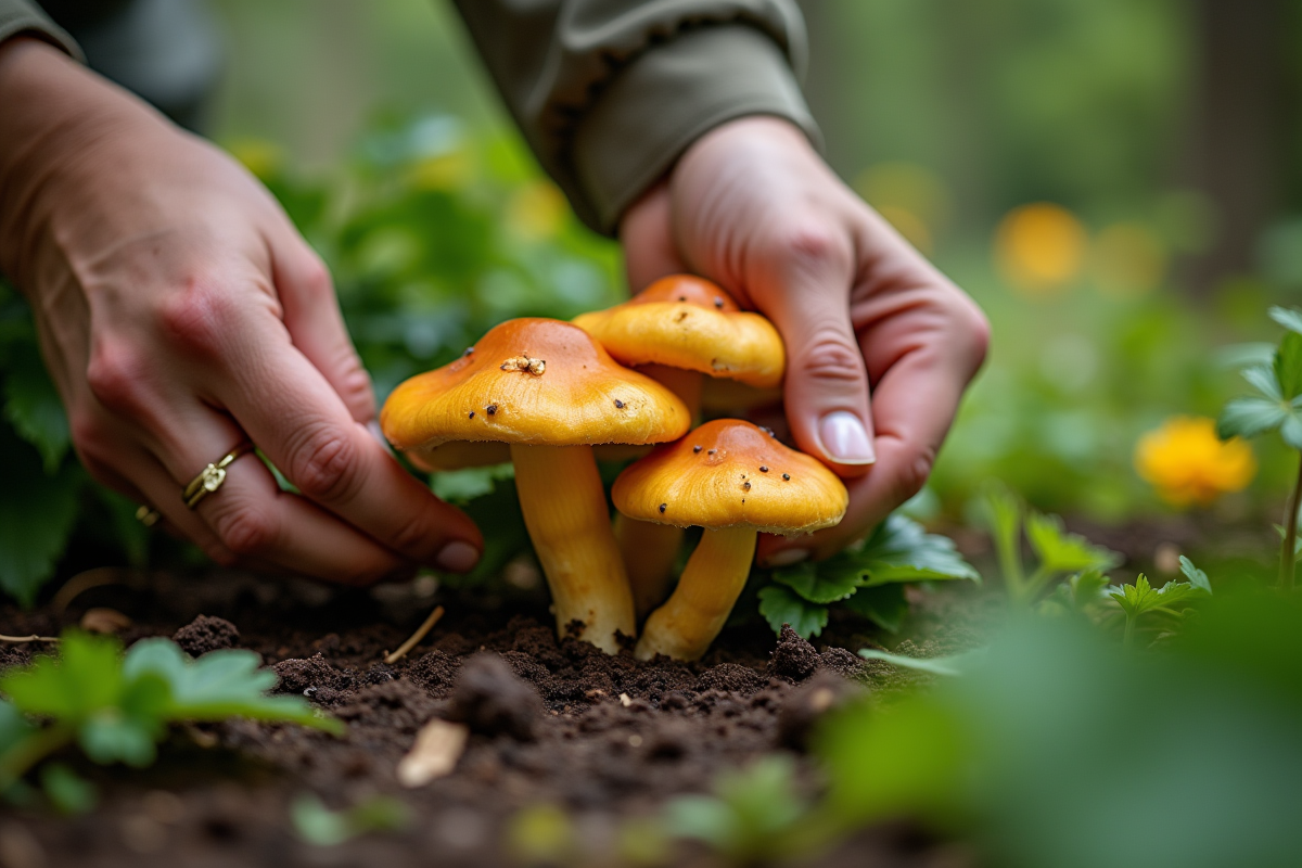 Jardinier cueillant des chanterelles dans le sol