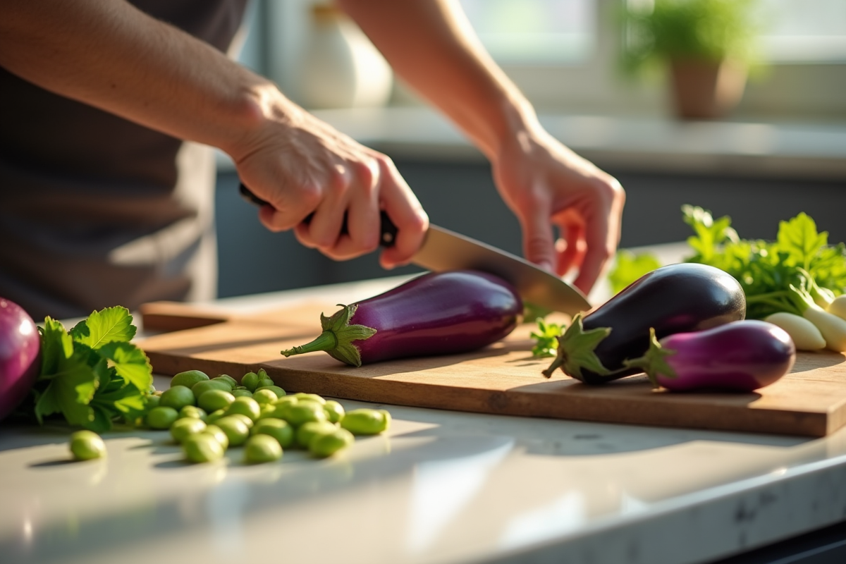 Chef tranchant des aubergines et endives dans la cuisine