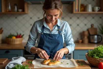 Femme en tablier bleu préparant du poulet aux herbes dans la cuisine