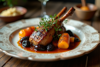 Assiette de lapin braise aux prunes avec herbes et légumes