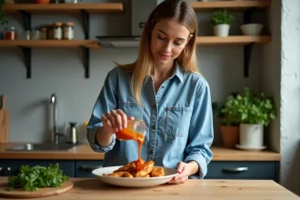 Jeune femme versant sauce maison sur poulet dans une cuisine chaleureuse