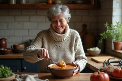 Femme souriante servant une potée au chou dans une cuisine rustique
