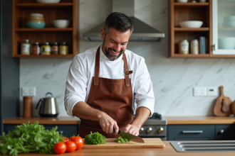 Homme en cuisine avec tablier en cuir coupe des légumes frais
