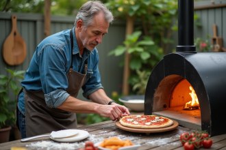 Homme en denim préparant une pizza dans un four extérieur