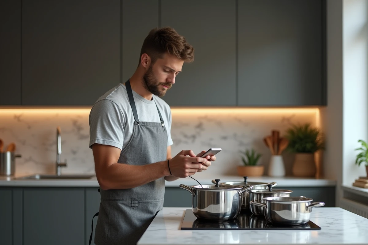 Jeune homme en cuisine utilisant un minuteur sur son smartphone