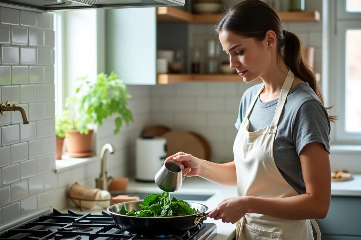 Cuisinière versant de la crème fraîche sur des épinards dans une cuisine scandinave moderne