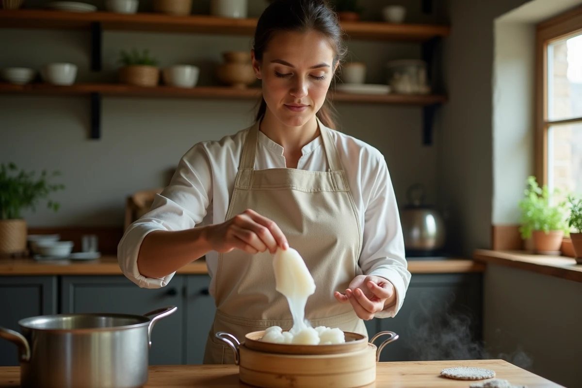 Cuisinière retirant un filet de julienne d'un panier vapeur en bambou dans une cuisine rustique, ambiance recette minceur maison