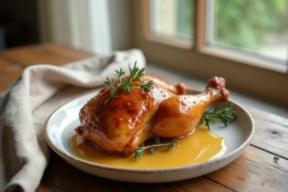 Cuisse de poulet caramélisée au miel servie sur une assiette rustique blanche avec du thym frais et un filet de miel doré