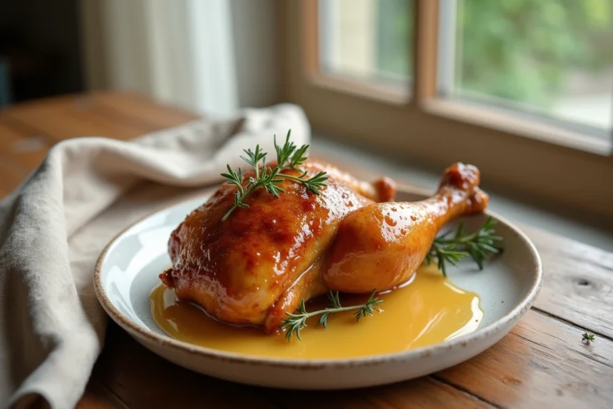 Cuisse de poulet caramélisée au miel servie sur une assiette rustique blanche avec du thym frais et un filet de miel doré