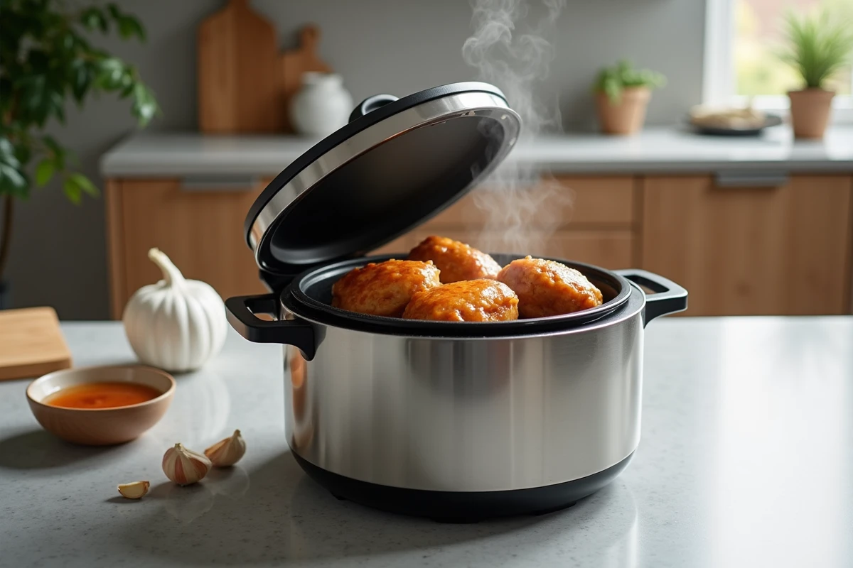 Cuisses de poulet au miel en train de cuire dans un Cookeo ouvert sur un plan de travail de cuisine moderne