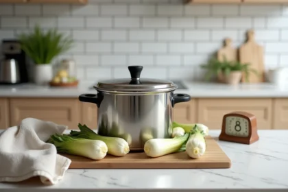 Cocotte minute avec endives fraîches posée sur un plan de travail de cuisine moderne, minuterie réglée pour le temps de cuisson