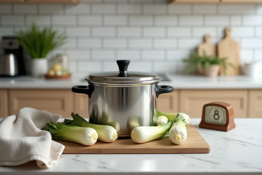Cocotte minute avec endives fraîches posée sur un plan de travail de cuisine moderne, minuterie réglée pour le temps de cuisson