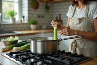 Femme faisant cuire des poireaux à l'eau dans une grande casserole sur une gazinière dans une cuisine moderne