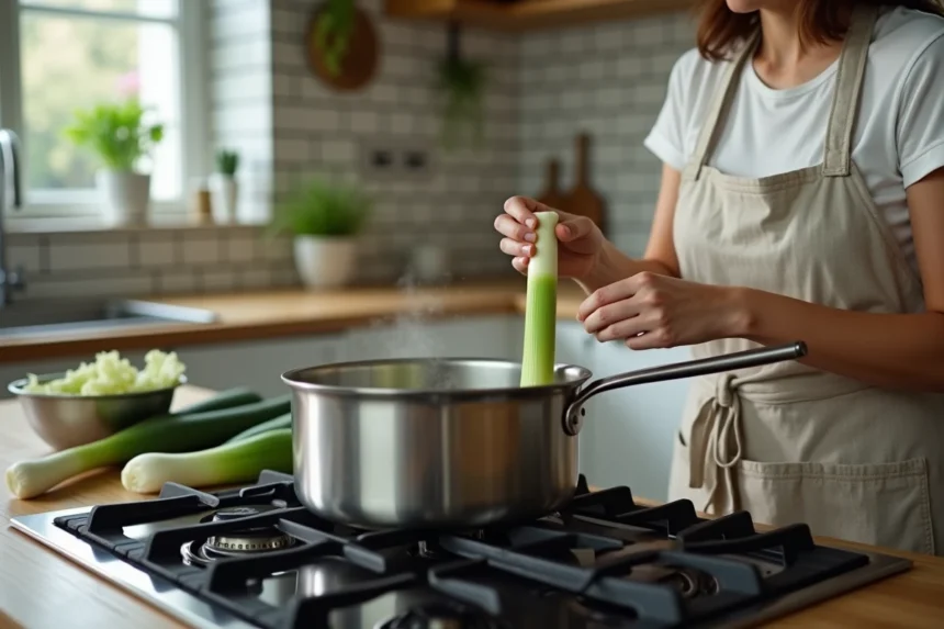 Femme faisant cuire des poireaux à l'eau dans une grande casserole sur une gazinière dans une cuisine moderne