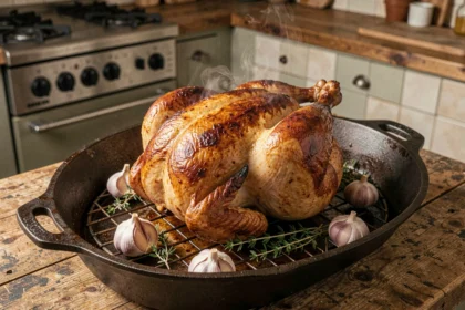 Poulet entier de 1,5 kg rôti au four avec une peau dorée et croustillante, posé sur une grille dans une cocotte en fonte entourée d'ail et de thym frais