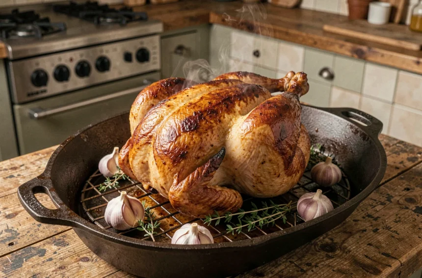 Poulet entier de 1,5 kg rôti au four avec une peau dorée et croustillante, posé sur une grille dans une cocotte en fonte entourée d'ail et de thym frais