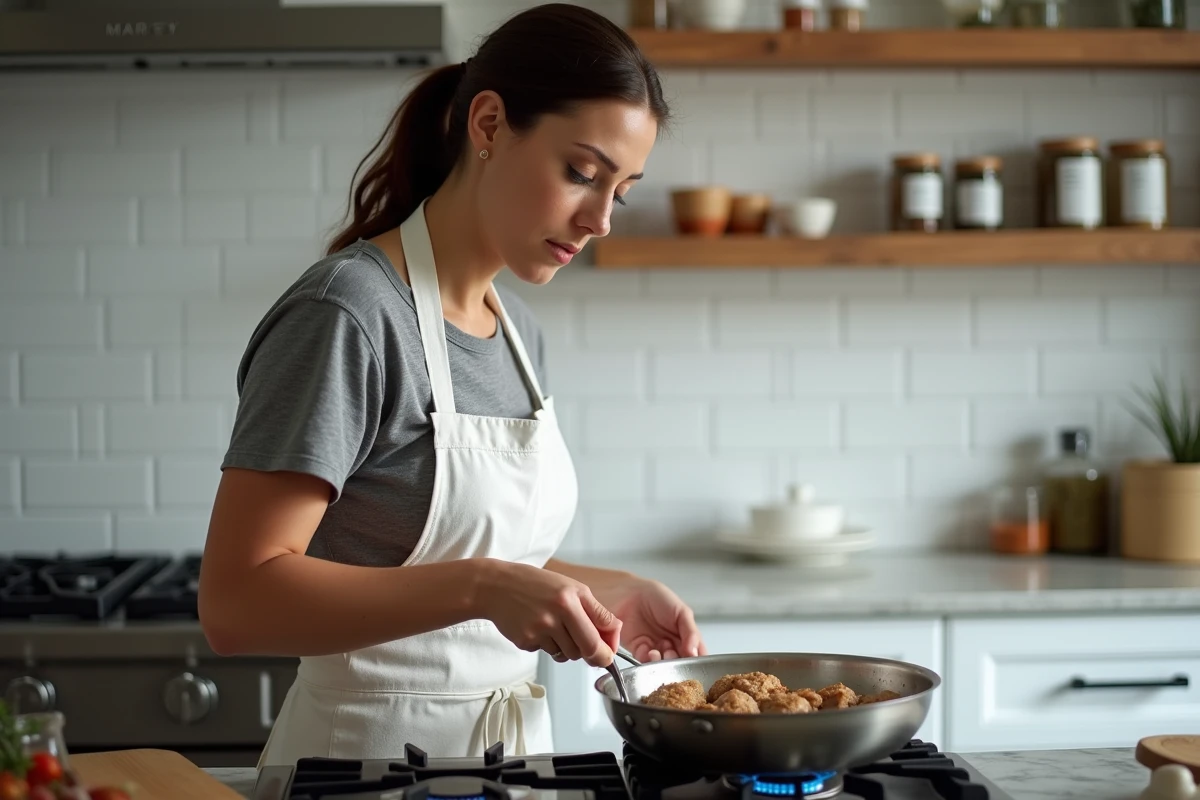 Cuisinière faisant revenir des rognons de veau dans une poêle en acier inoxydable dans une cuisine domestique moderne