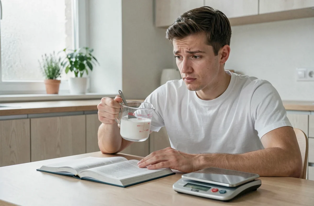 Jeune homme consultant un livre de recettes et une balance numérique pour convertir 40cl de sucre en grammes dans une cuisine scandinave