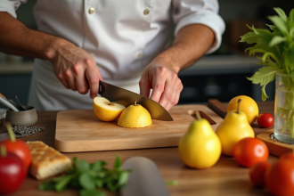 Chef coupant un coing dans une cuisine lumineuse