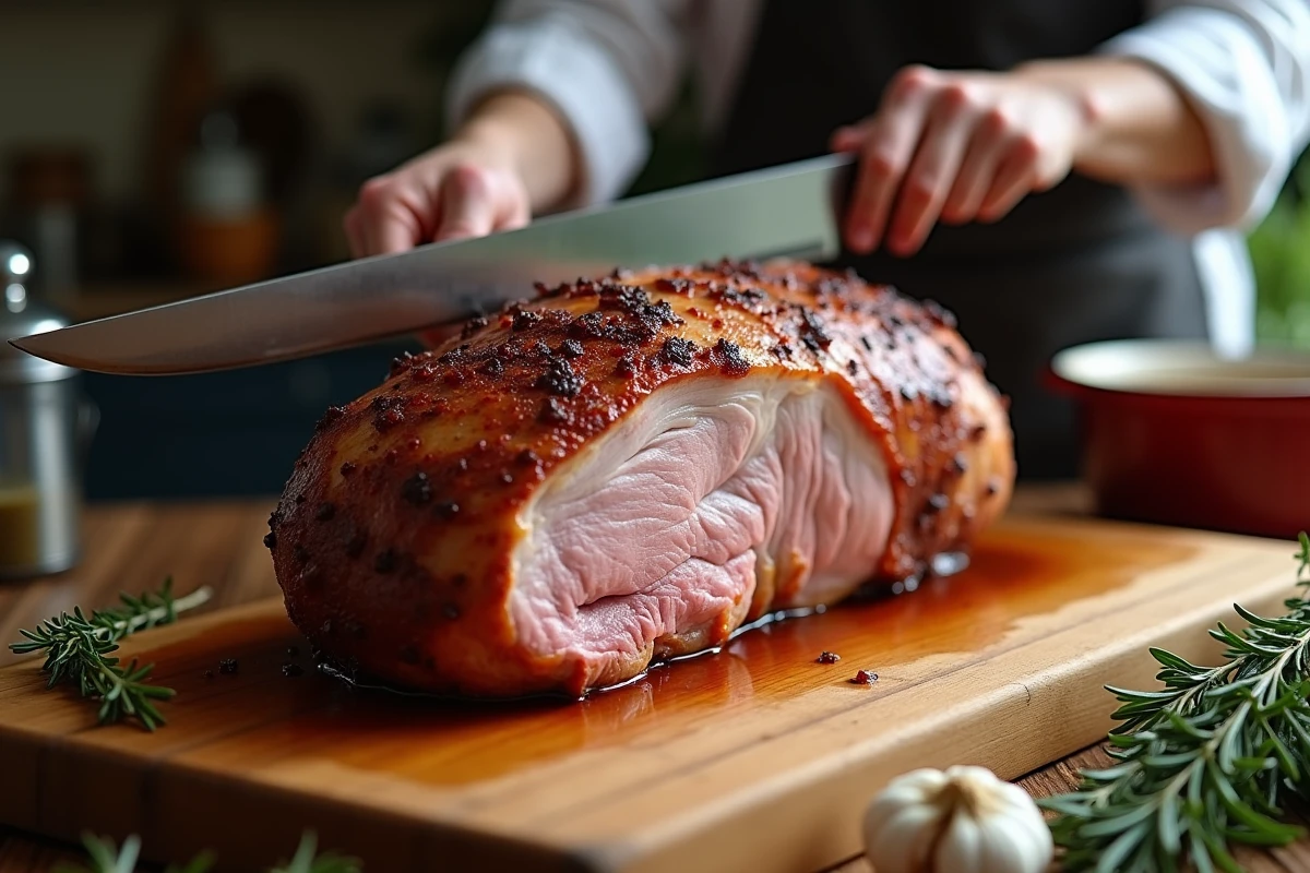 Découpe d'un rôti de porc braisé à la cocotte sur planche en bois avec jus de cuisson