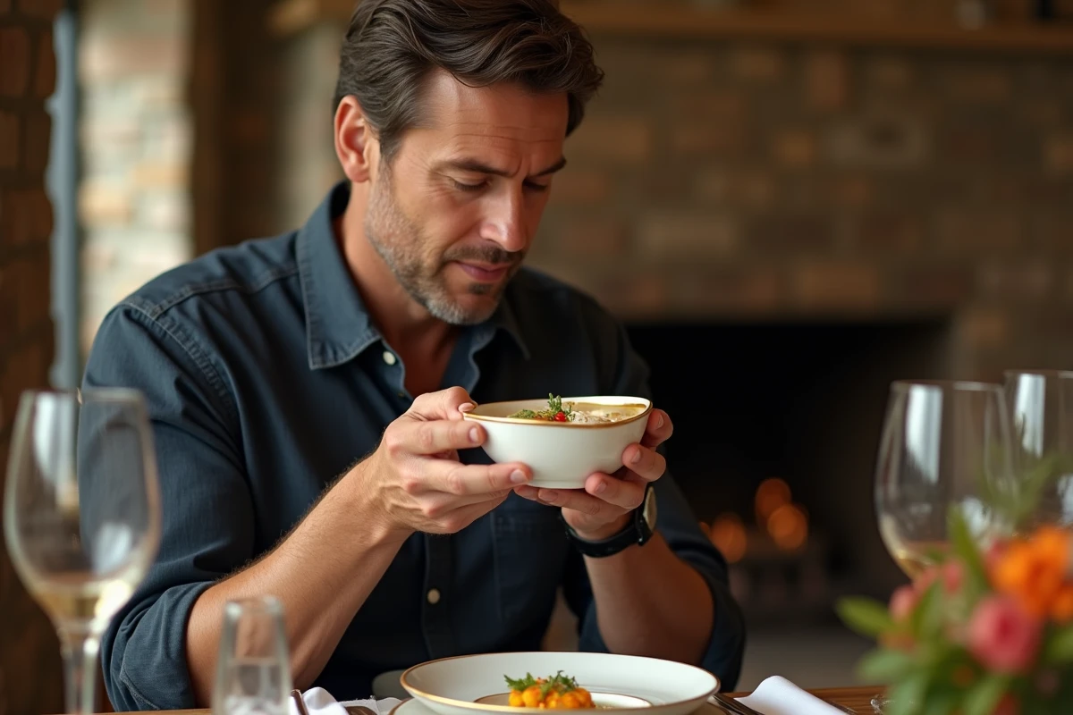 Convive appréciant une soupe champagne lors d'un dîner privé gastronomique avec vaisselle en porcelaine blanche et dorée