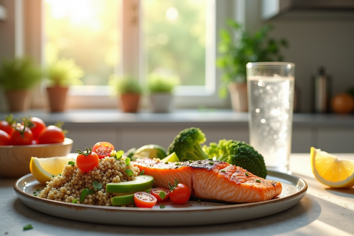 Déjeuner équilibré avec saumon et salade de quinoa