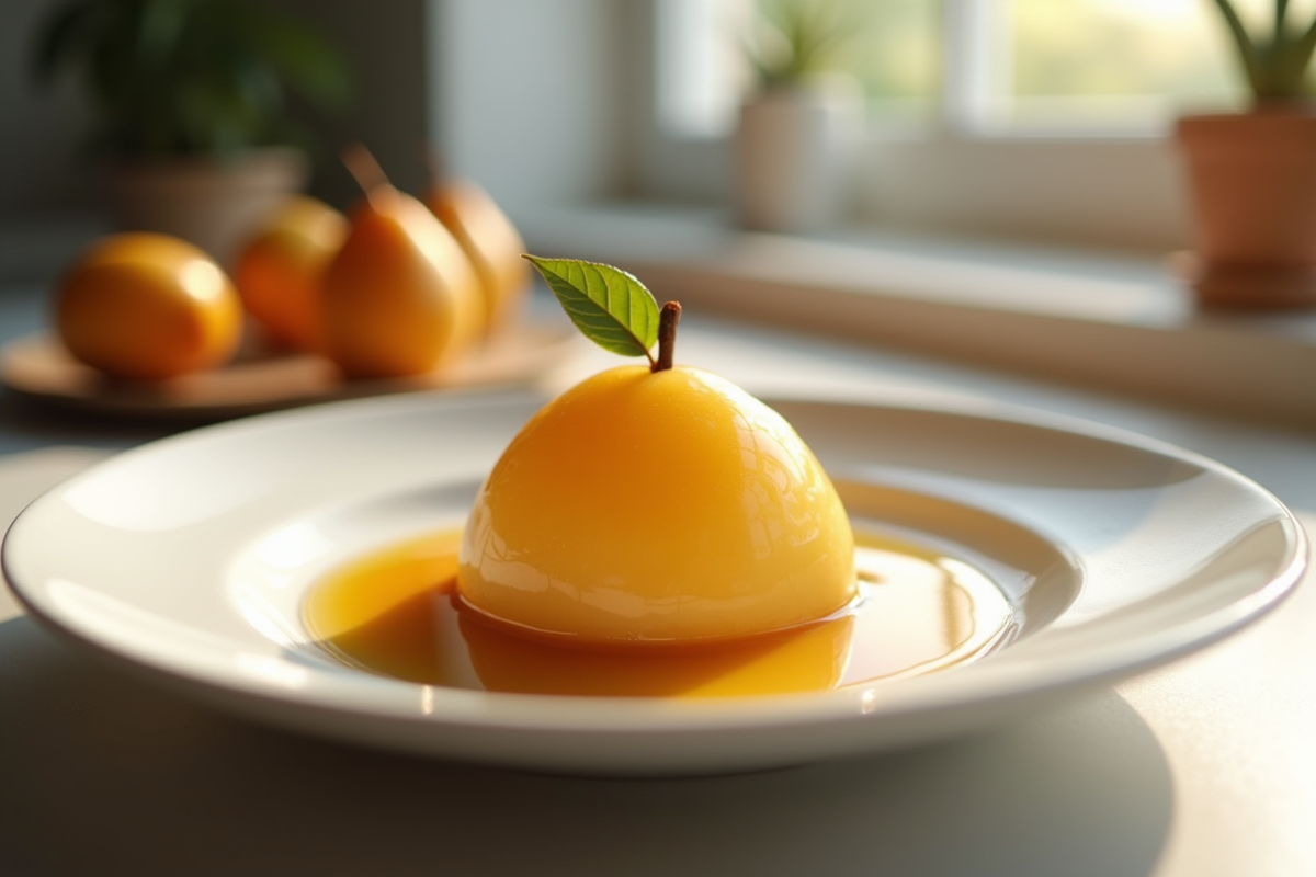 Dessert de coing poché joliment présenté sur une assiette blanche