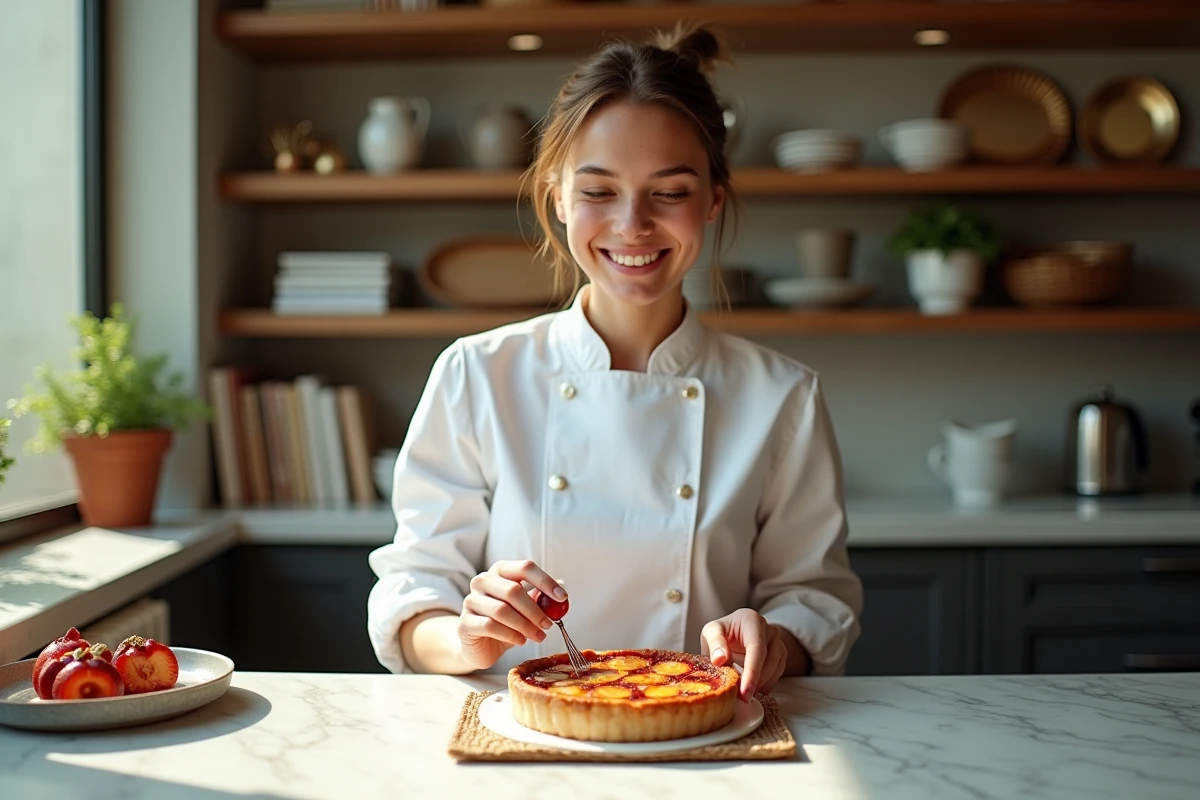 Jeune chef française décorant une tarte Tatin dans une cuisine lumineuse