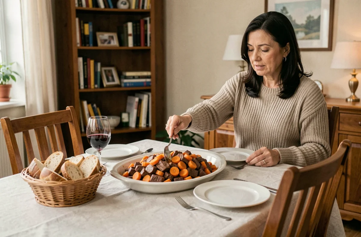 Scène de dîner familial avec plat de boeuf carotte au centre de la table entouré de pain et de vin rouge