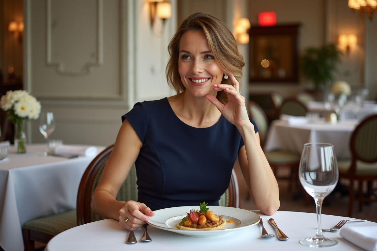Dame élégante dégustant un plat dans un restaurant chic