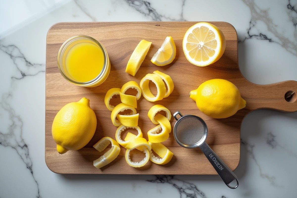 Planche à découper avec zestes, écorces et jus de citron préparés pour une recette zéro déchet
