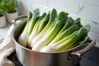 Endives fraîches disposées dans un panier vapeur en inox au-dessus d'une casserole sur une cuisinière moderne