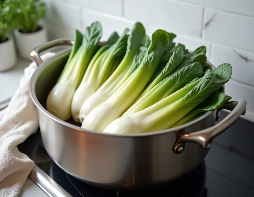 Endives fraîches disposées dans un panier vapeur en inox au-dessus d'une casserole sur une cuisinière moderne