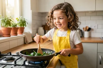 Petite fille en tablier jaune qui fait sauter des épinards dans une poêle dans une cuisine familiale moderne