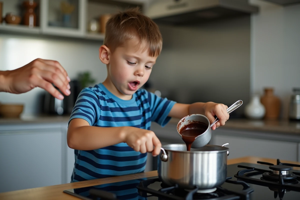 Enfant versant du chocolat fondu dans un saladier lors de la préparation d'une recette de fondant maison
