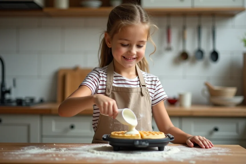 Jeune fille versant de la pâte à gaufres dans un gaufrier dans une cuisine familiale chaleureuse