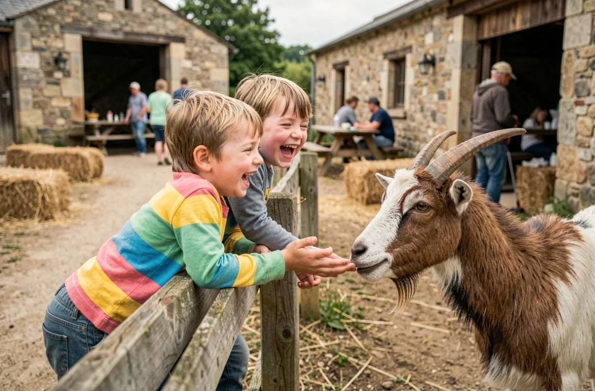 Enfants qui câlinent une chèvre à la ferme lors d'une sortie guinguette en famille