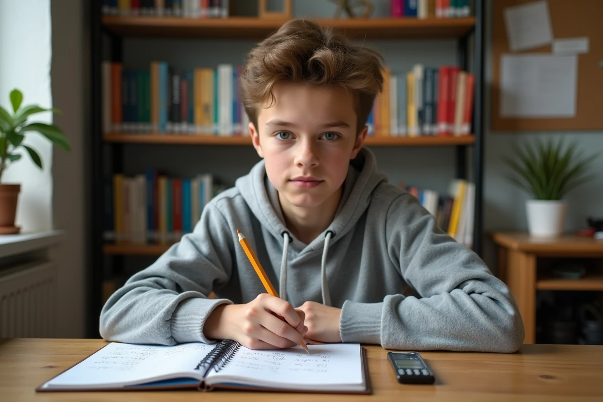 Étudiant révisant la méthode de conversion litres en kilogrammes sur un cahier manuscrit à son bureau