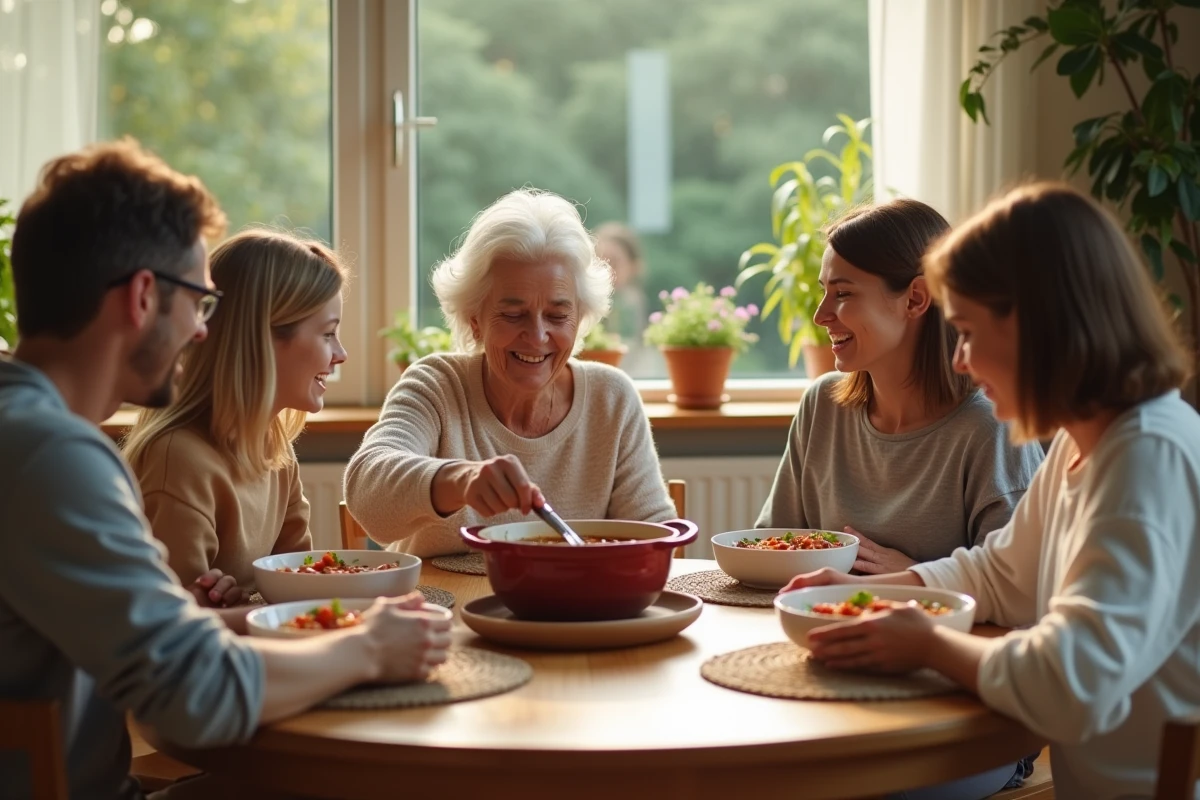 Famille réunie autour d'un repas de goulash hongrois servi par une grand-mère lors d'un déjeuner convivial