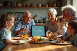 Famille multigenerationale francaise partageant un repas convivial