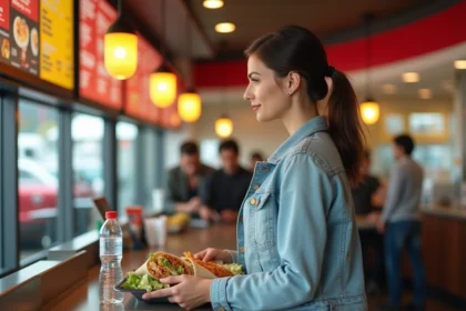 Femme qui choisit un repas équilibré dans un fast food américain en lisant attentivement le menu nutritionnel