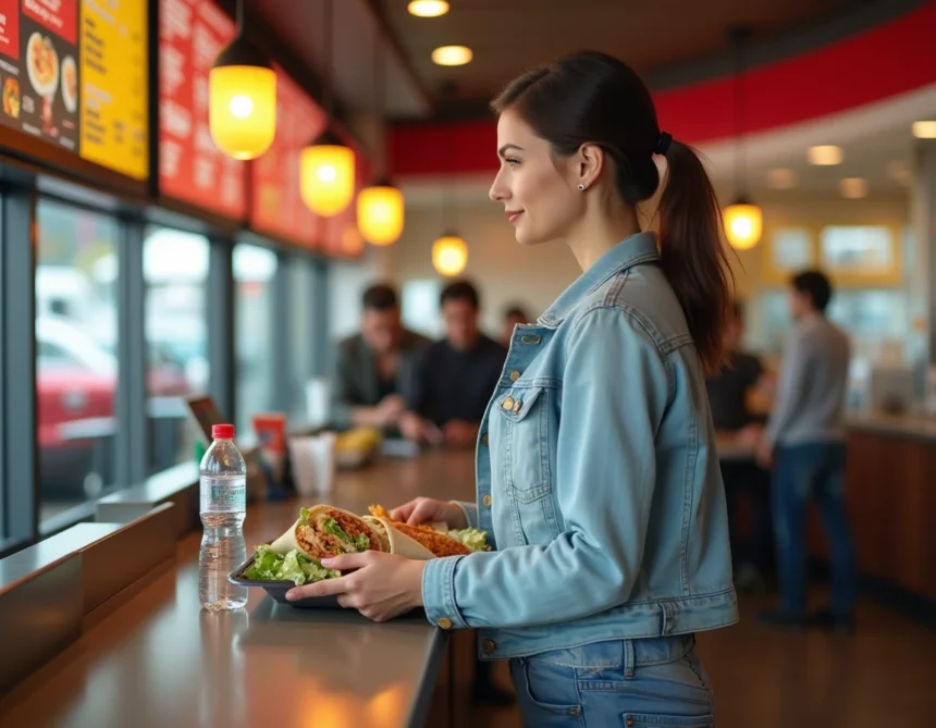 Femme qui choisit un repas équilibré dans un fast food américain en lisant attentivement le menu nutritionnel
