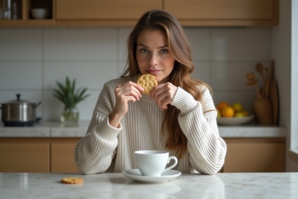 Femme détendue dégustant un biscuit dans une cuisine moderne