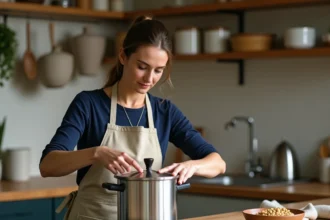 Femme plaçant le couvercle d'une cocotte-minute sur une cuisinière à gaz pour cuire des pois chiches