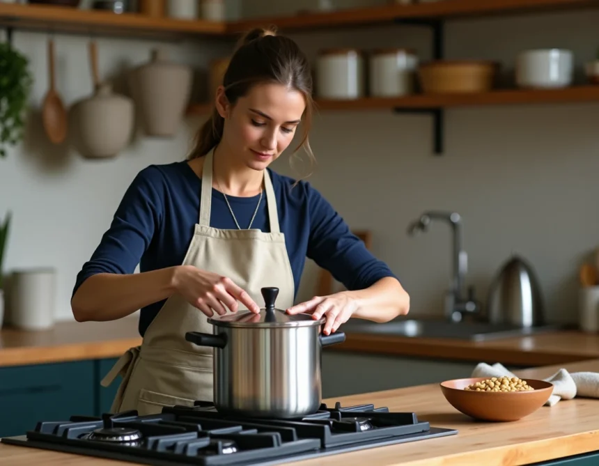 Femme plaçant le couvercle d'une cocotte-minute sur une cuisinière à gaz pour cuire des pois chiches