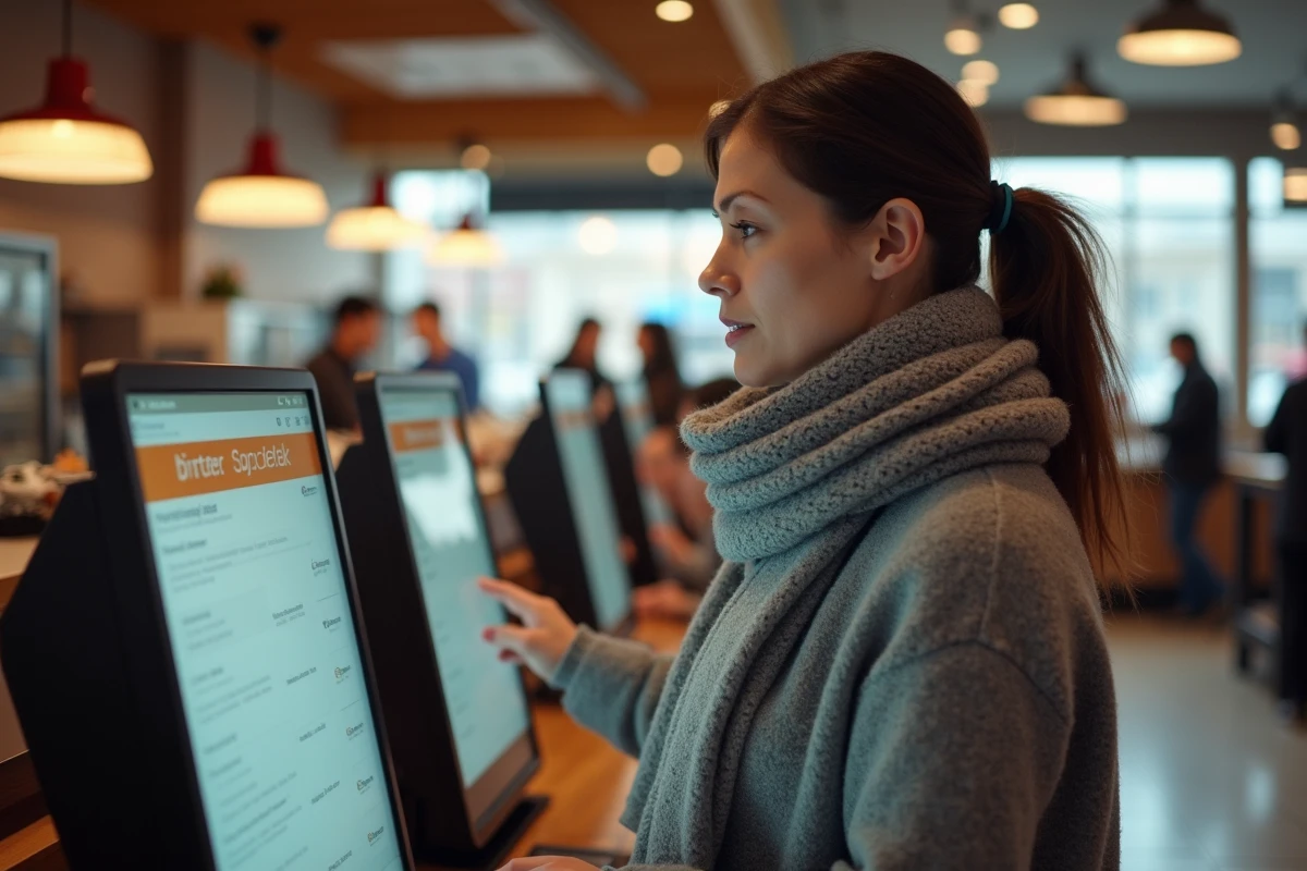 Femme vérifie son écran de commande dans un fastfood