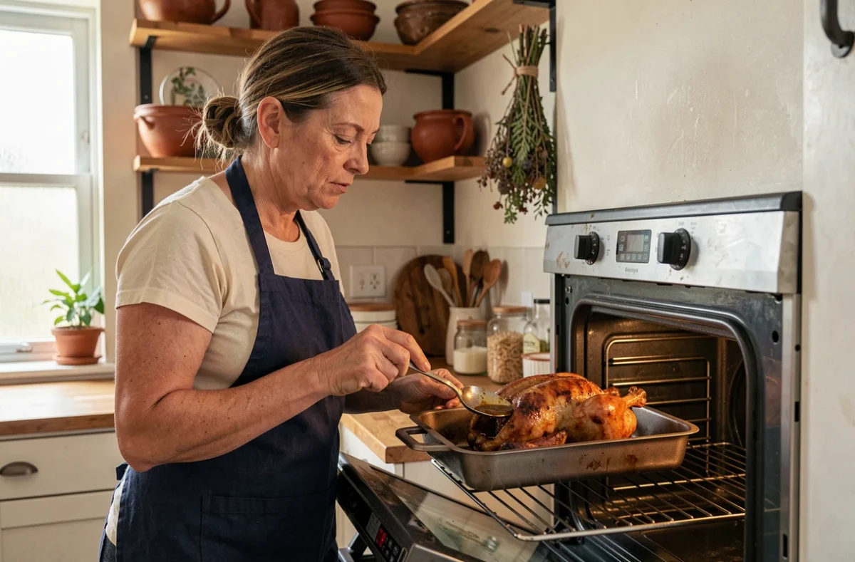 Femme en tablier de lin arrosant un poulet entier rôti dans le four avec les jus de cuisson, dans une cuisine chaleureuse et authentique